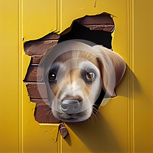 Cute puppy dog head peeking from hole in yellow wall. Generative AI