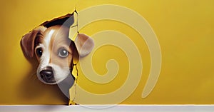 Cute puppy dog head peeking from hole in yellow wall. Generative AI