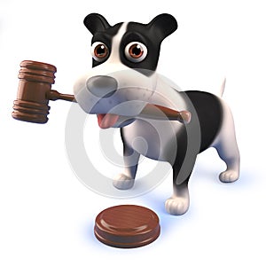Cute puppy dog hound playing with an auctioneers gavel in 3d