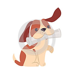 Cute Puppy Dog Playing with Bone, Adorable Pet Animal with White and Brown Coat Cartoon Vector Illustration