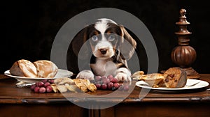 cute puppy dog sitting at the dinner table with lots of dishes