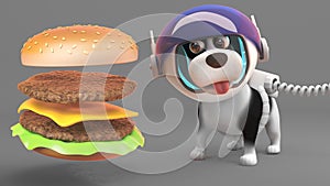 Cute puppy dog in space suit looks hungrily at giant cheese burger, 3d illustration