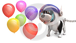 Cute puppy dog in spacesuit plays with party celebration balloons, 3d illustration