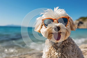 Cute puppy dog wearing sunglasses on the beach, summer concept. Generative AI