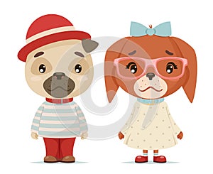 Cute puppy dogs boy girl geek cubs hipster mascot cartoon flat design vector illustration