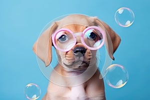 Cute puppy dons trendy pink glasses, gazing at soap bubbles, with a serene blue background adding a touch of whimsy