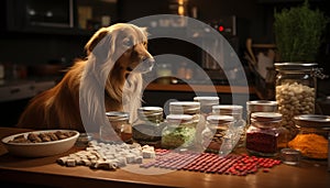 Cute puppy eating food from a yellow bowl indoors generated by AI