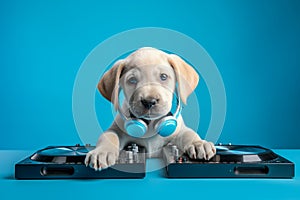 Cute puppy engaging with a DJ console, ready to mix tunes against a light blue background.