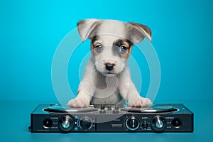 Cute puppy engaging with a DJ console, ready to mix tunes against a light blue background.