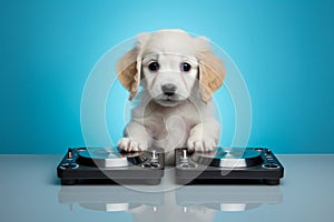 Cute puppy engaging with a DJ console, ready to mix tunes against a light blue background.