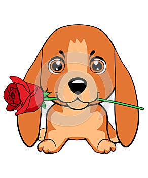 Cute puppy with a flower cartoon hand drawn vector illustration. Can be used for t-shirt print, kids wear fashion design, baby sho