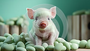 Cute puppy and fluffy piglet playfully sitting on green grass generated by AI
