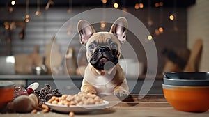 cute puppy French bulldog eating dry dog food from bowl on kitchen looking at camera with copy space