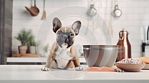 cute puppy French bulldog eating dry dog food from bowl on kitchen looking at camera with copy space