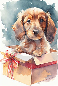 Cute puppy in a gift box. Greeting card drawn in watercolor. AI generated.