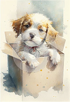 Cute puppy in a gift box. Greeting card drawn in watercolor. AI generated.