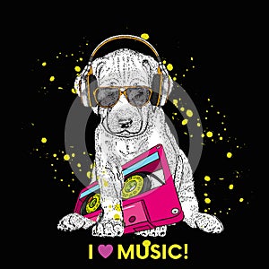 Cute puppy in headphones and with a cassette. 90s. Illustration for a card or print on clothes. Poster.