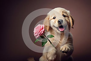 cute puppy holding pink rose in paws