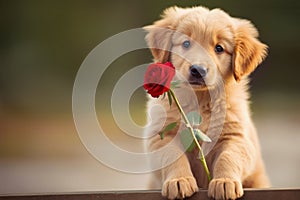 cute puppy holding red rose in paws outdoors