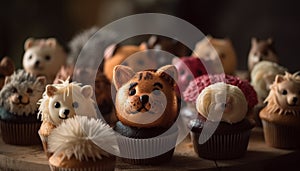 Cute puppy indulges in homemade chocolate cupcake with fluffy icing generated by AI