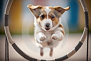 cute puppy is jumping through hoop during agility training