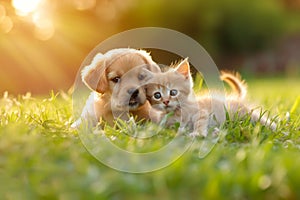 Cute puppy and kitten are playing together on green grass on sunset, banner