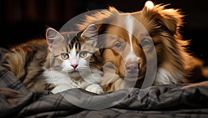 Cute puppy and kitten sitting together, looking at camera generated by AI