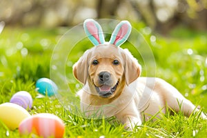 Cute puppy Labrador with Easter bunny ears and colorful eggs on green grass