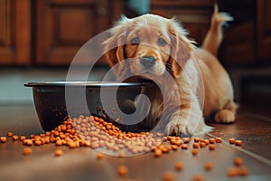 A cute puppy lies near a bowl of dog food scattered