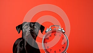 Cute puppy looking at camera, waiting for alarm clock countdown generated by AI