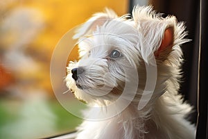 Cute puppy looking longingly out the window on a peaceful morning as the sun rises