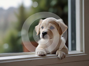 cute puppy looking out of a window