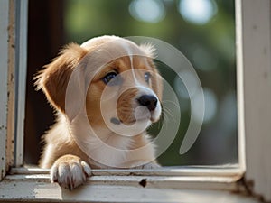 cute puppy looking out of a window
