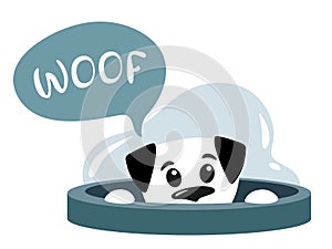 Cute puppy looks out of the pipe and barks. The dog in the tube. Vector illustration on white background.