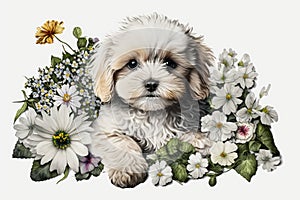 cute puppy many various floral flowers.
