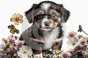 cute puppy many various floral flowers.