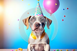 Cute puppy in a party hat on a blue background, cute funny dog celebrating his birthday