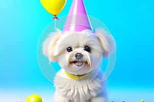 Cute puppy in a party hat on a blue background, cute funny dog celebrating his birthday