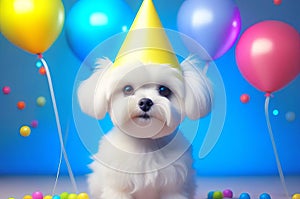 Cute puppy in a party hat on a blue background, cute funny dog celebrating his birthday