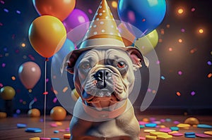 Cute puppy in a party hat on a blue background, cute funny dog celebrating his birthday