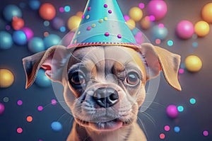 Cute puppy in a party hat on a blue background, cute funny dog celebrating his birthday