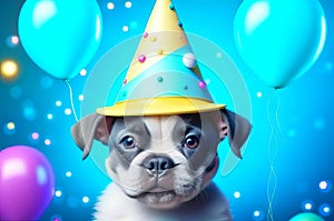 Cute puppy in a party hat on a blue background, cute funny dog celebrating his birthday