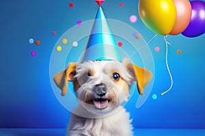 Cute puppy in a party hat on a blue background, cute funny dog celebrating his birthday