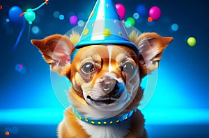 Cute puppy in a party hat on a blue background, cute funny dog celebrating his birthday