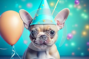 Cute puppy in a party hat on a blue background, cute funny dog celebrating his birthday