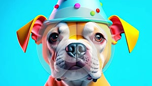 Cute puppy in a party hat on a blue background, cute funny dog celebrating his birthday, cyclic video