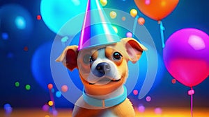 Cute puppy in a party hat on a blue background, cute funny dog celebrating his birthday, cyclic video