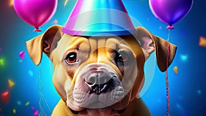 Cute puppy in a party hat on a blue background, cute funny dog celebrating his birthday, cyclic video