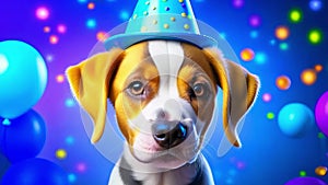 Cute puppy in a party hat on a blue background, cute funny dog celebrating his birthday, cyclic video