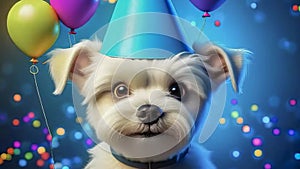 Cute puppy in a party hat on a blue background, cute funny dog celebrating his birthday, cyclic video